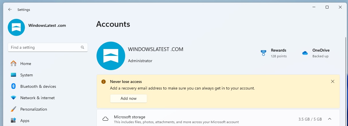 Add now button in Microsoft account Windows Settings