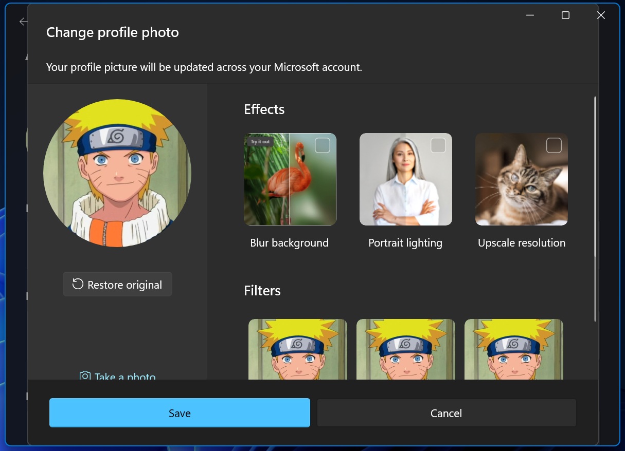 ai effects in profile picture settings in windows 11