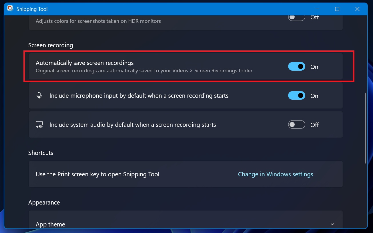 auto save screen recording in snipping tool windows 11