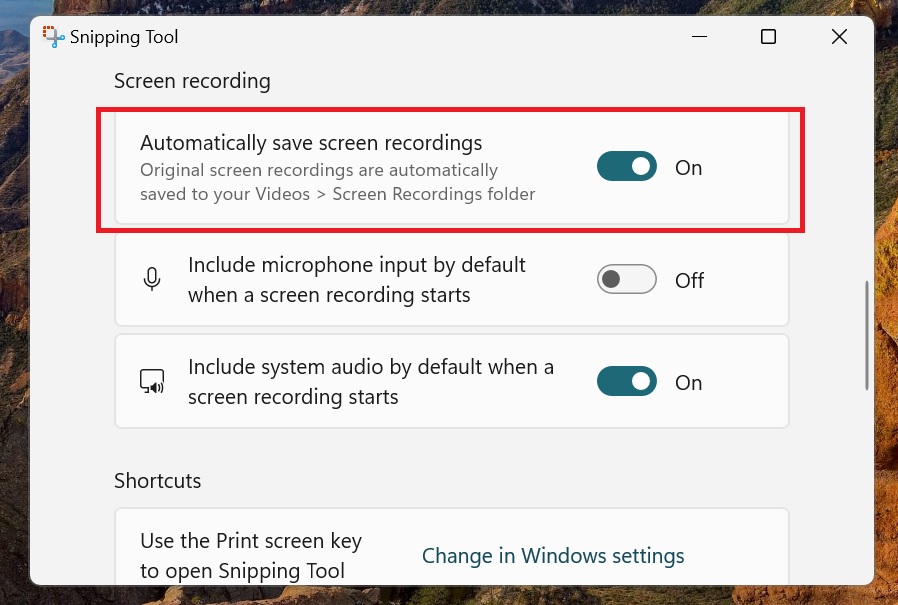 auto save video clips settings in snipping tool in windows 11