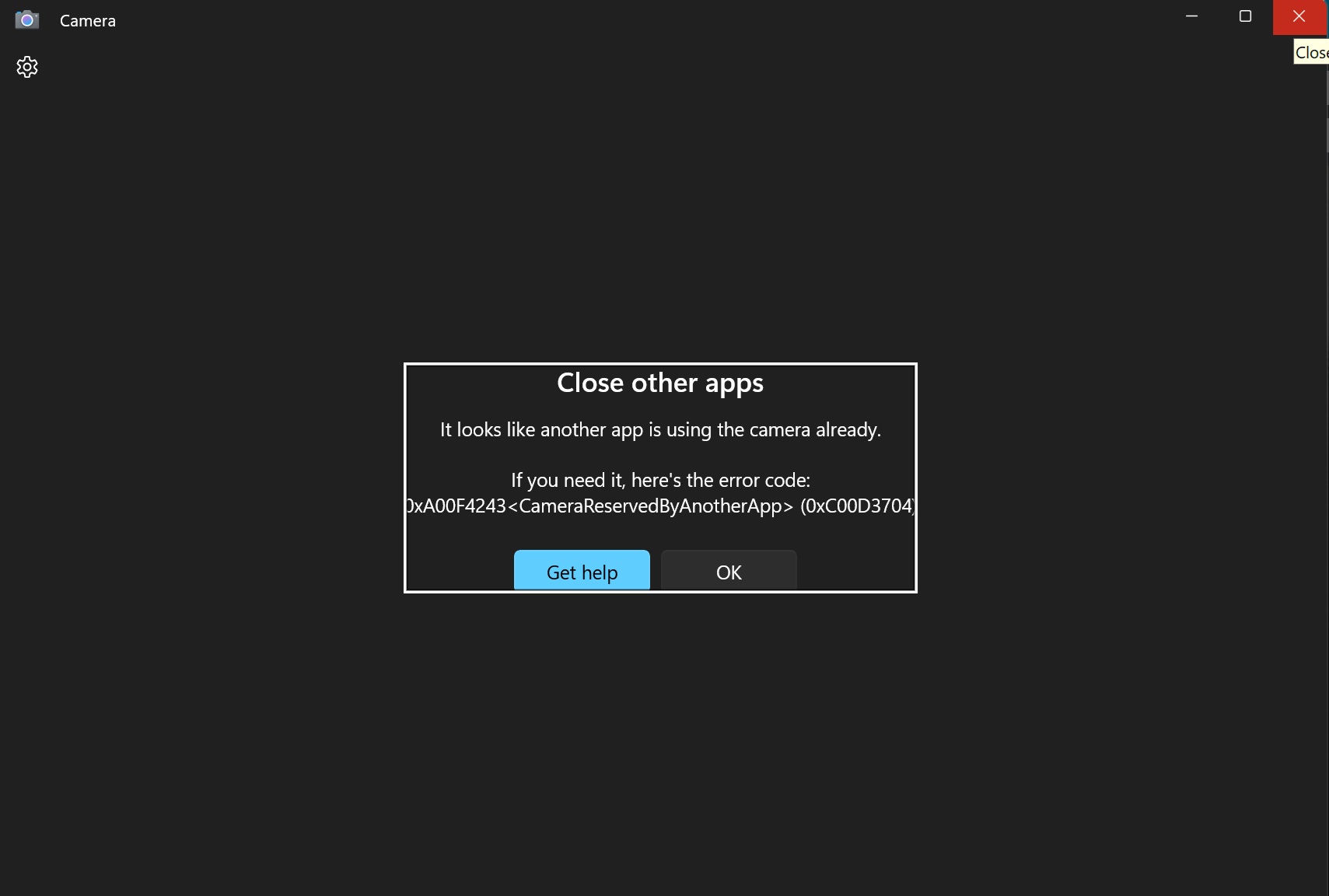 Close other apps to use Windows Camera