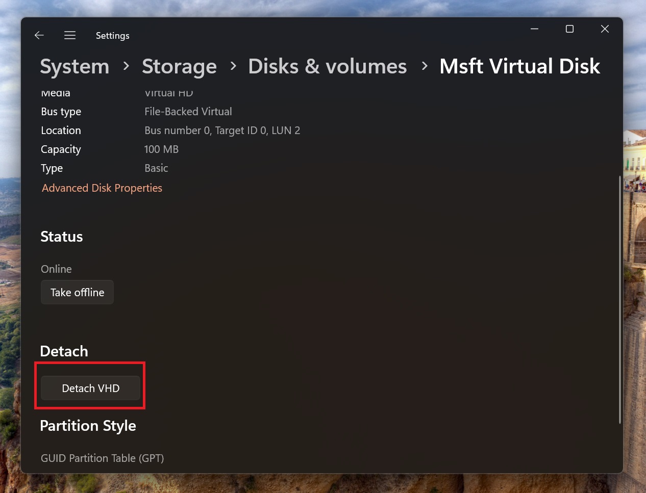 detach vhd option in settings app windows 11