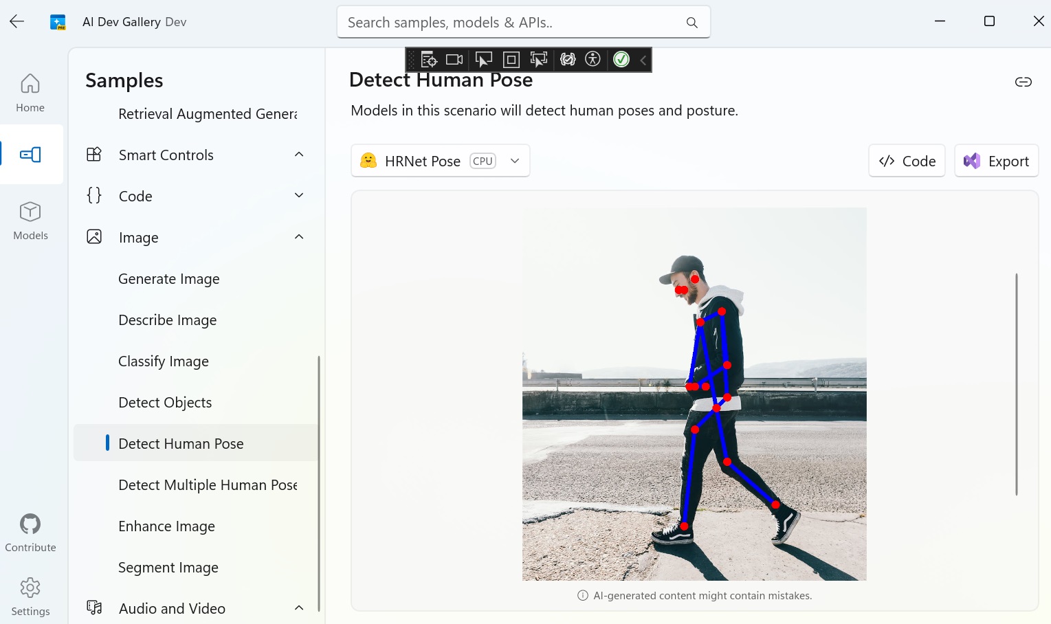 detect human pose model in ai dev gallery app