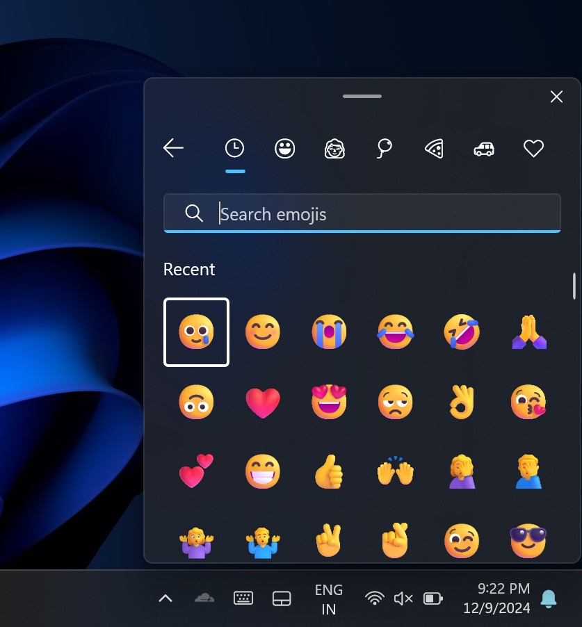 Emoji panel on the taskbar