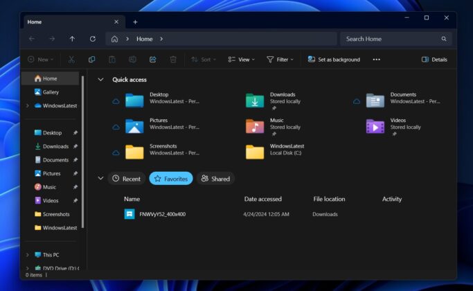 File Explorer favourites section