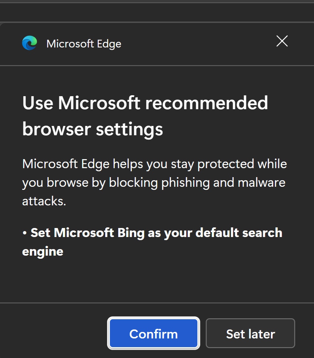 Microsoft Edge default browser pop-up