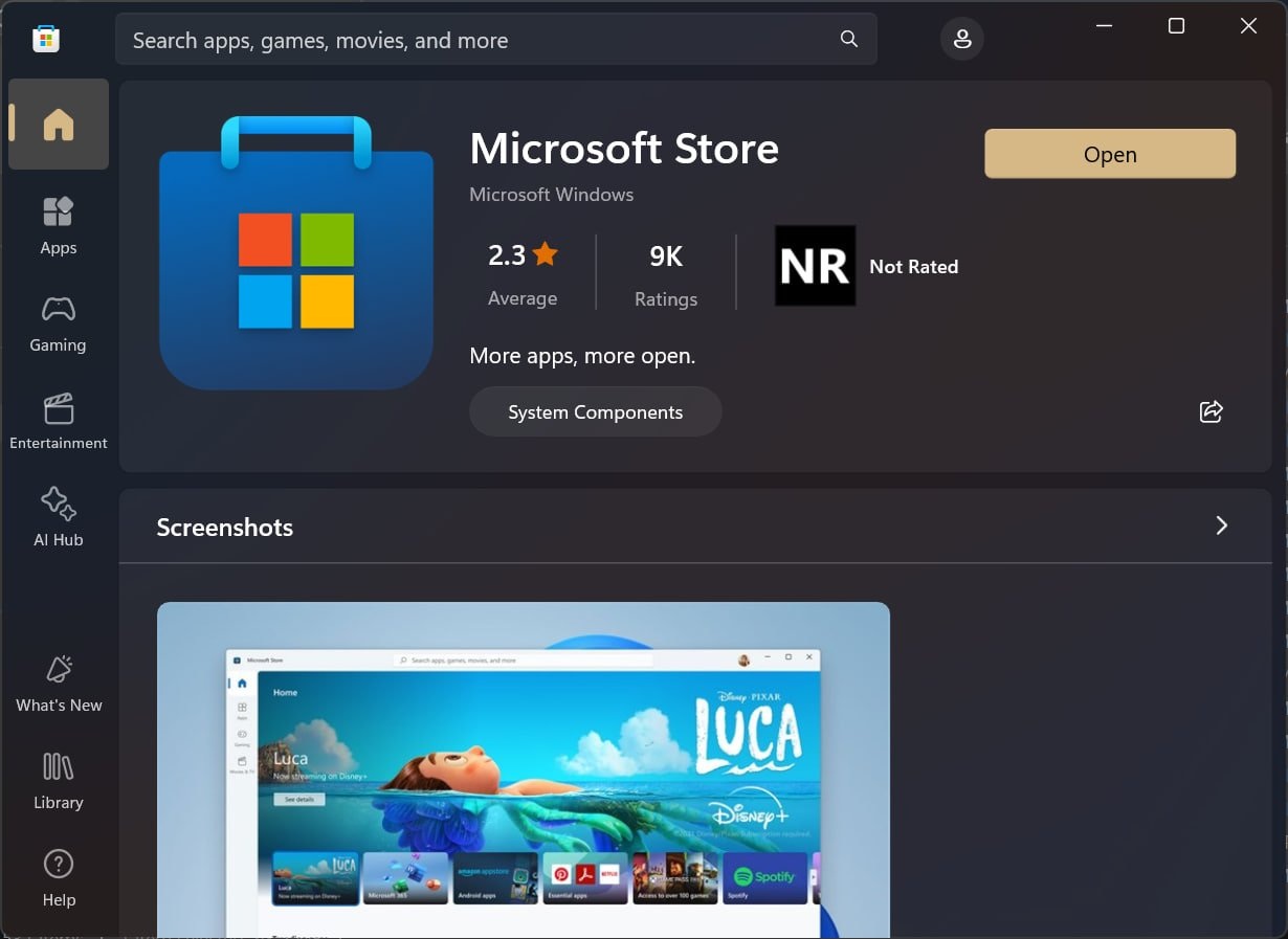 Microsoft Store old current design on Windows 11