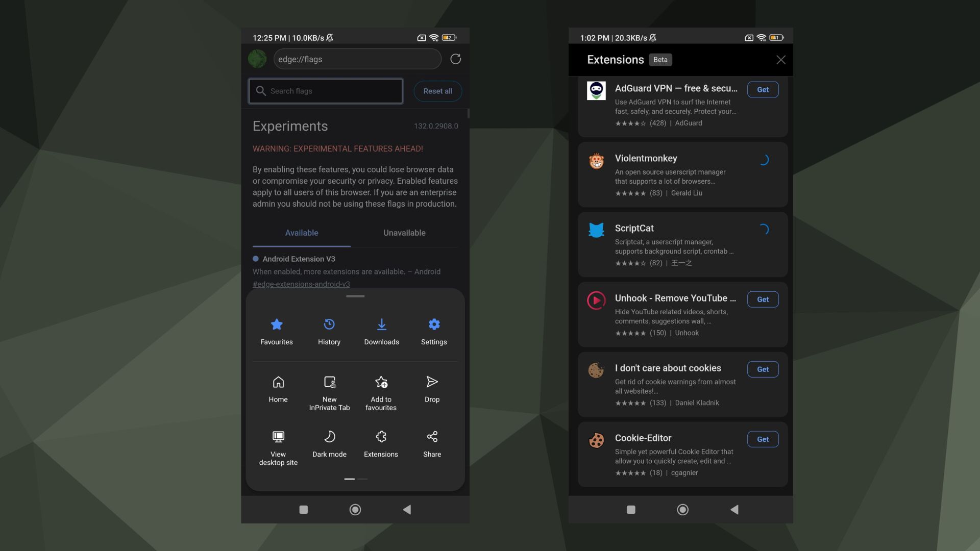 new hidden extensions in Edge canary Android mobile