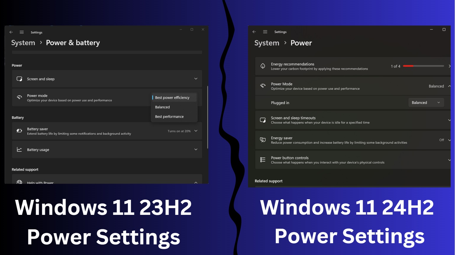 Power mode settings page comparison between windows 11 23h2 and 24h2