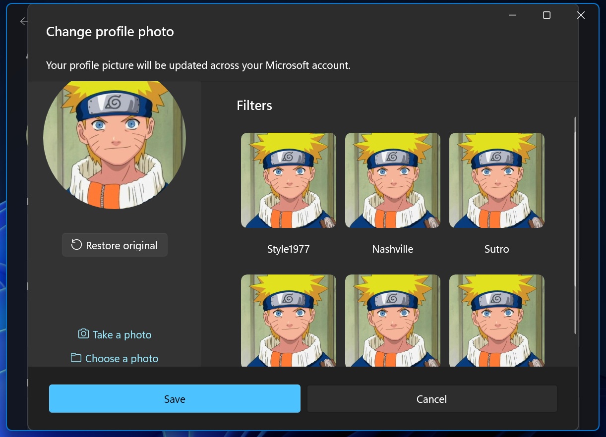 profile picture filters in windows 11 settings