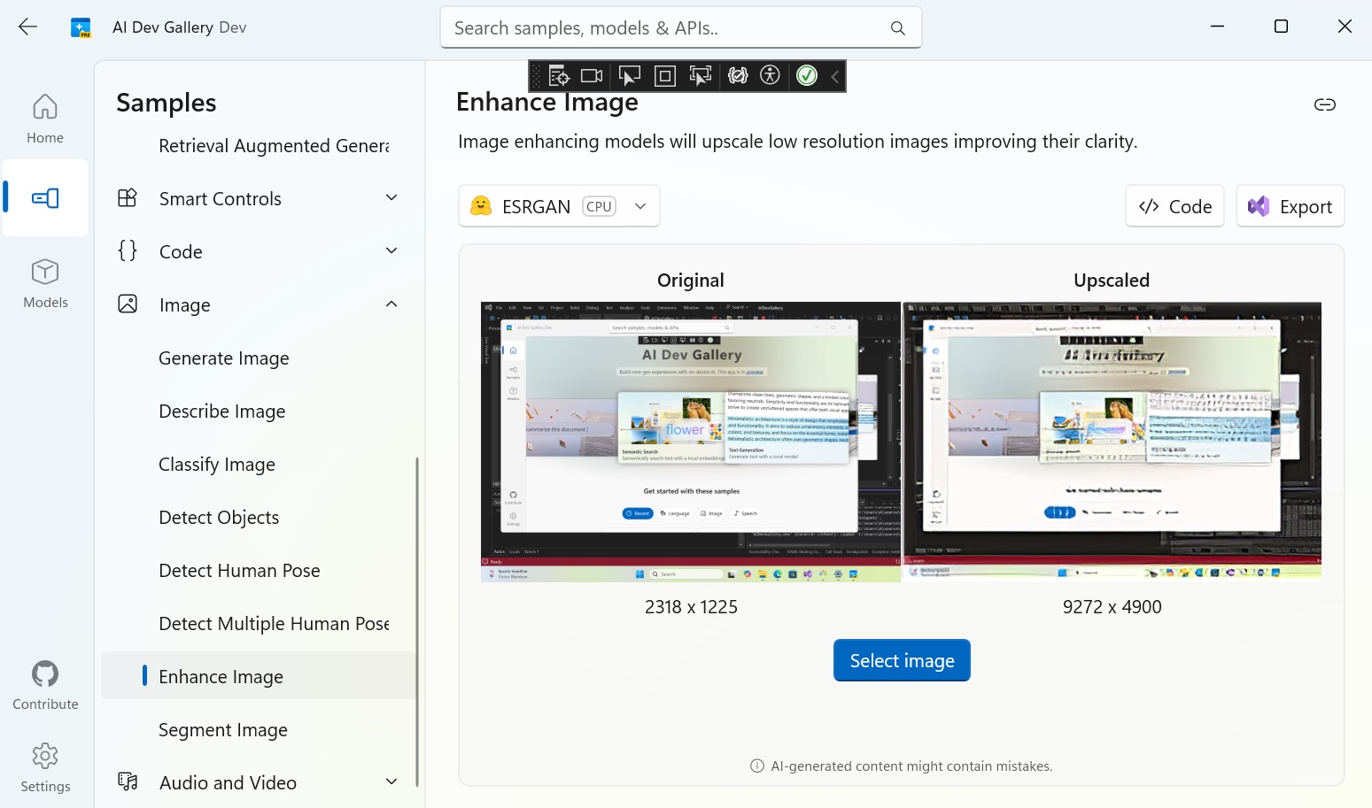 running enhance image ai model in ai dev gallery app