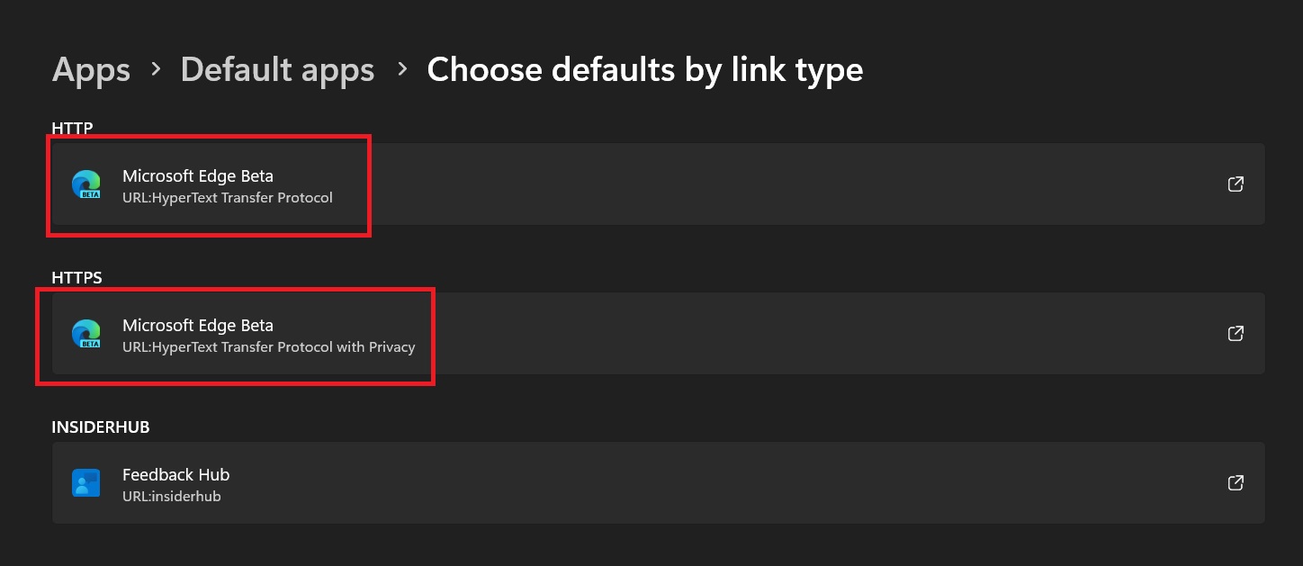 setting Edge beta as default browser to open HTTPS links