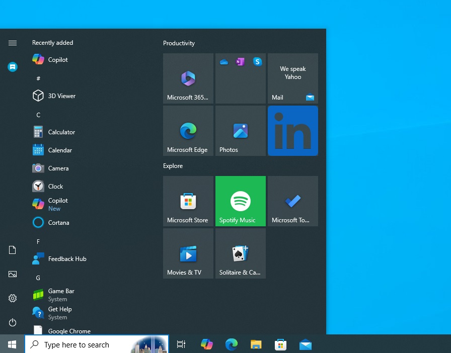 Start menu with Microsoft account manager