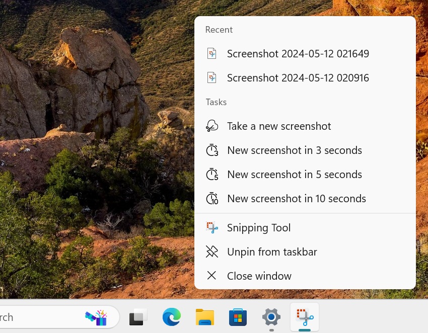 taskbar jump list for snipping tool in windows 11