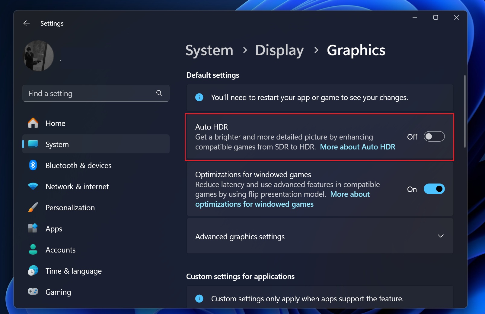 Windows 11 Auto HDR turn off