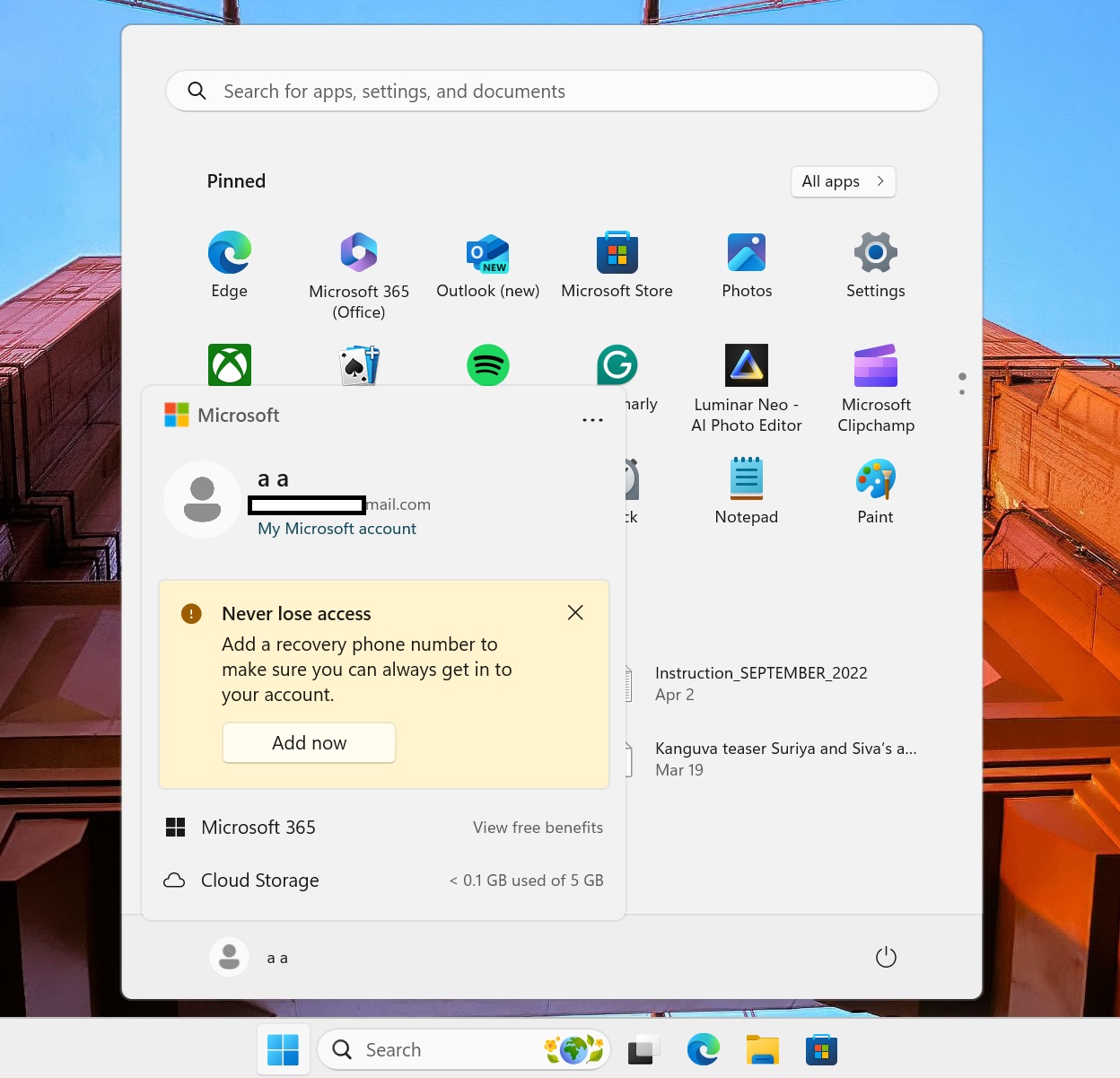 Windows 11 Start menu with Microsoft account