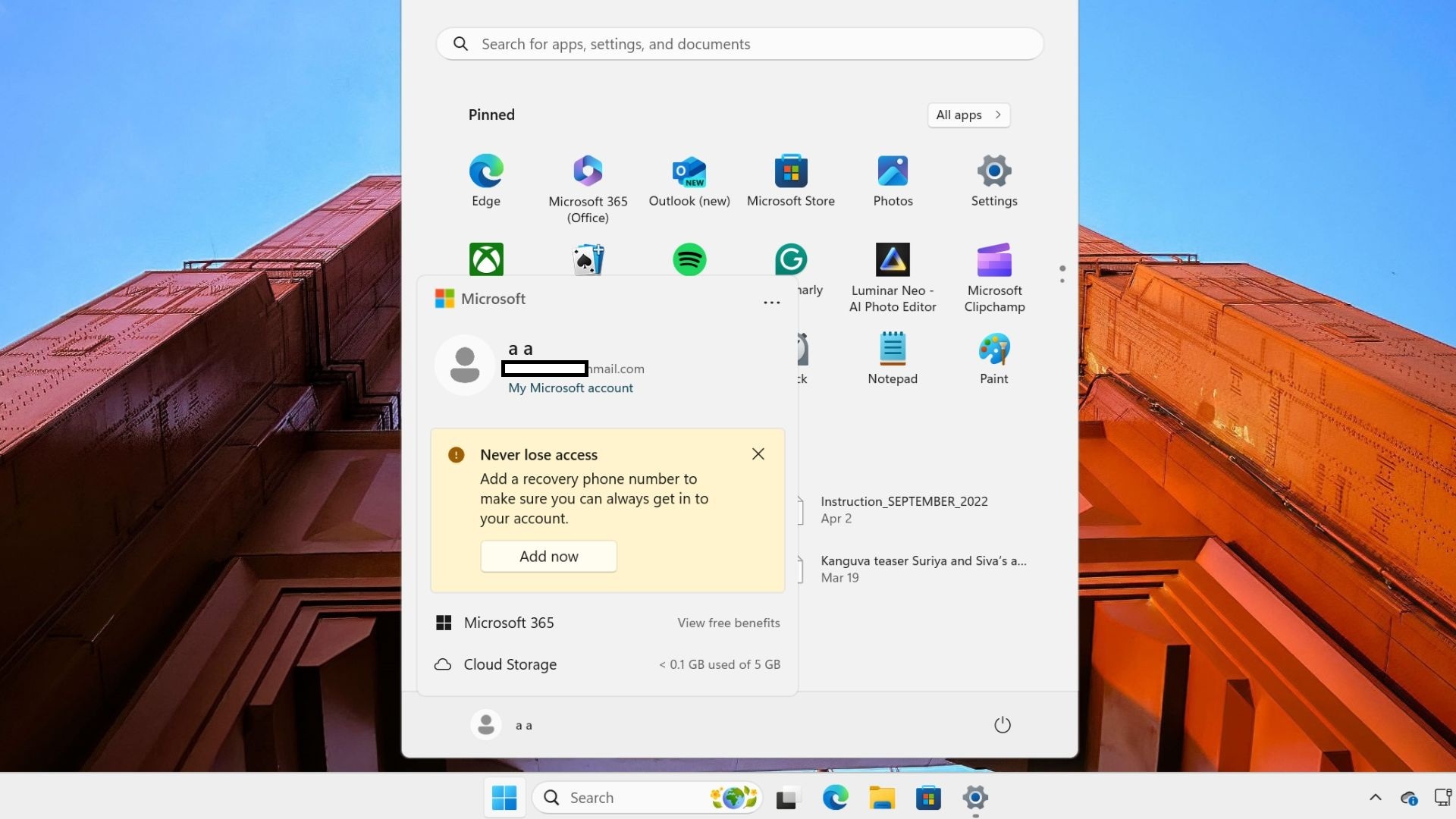 Windows 11 Start menu with Microsoft account