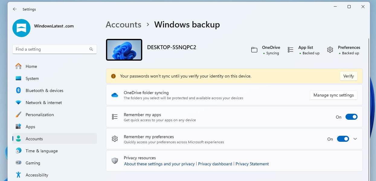 Windows Backup and remember my preferences