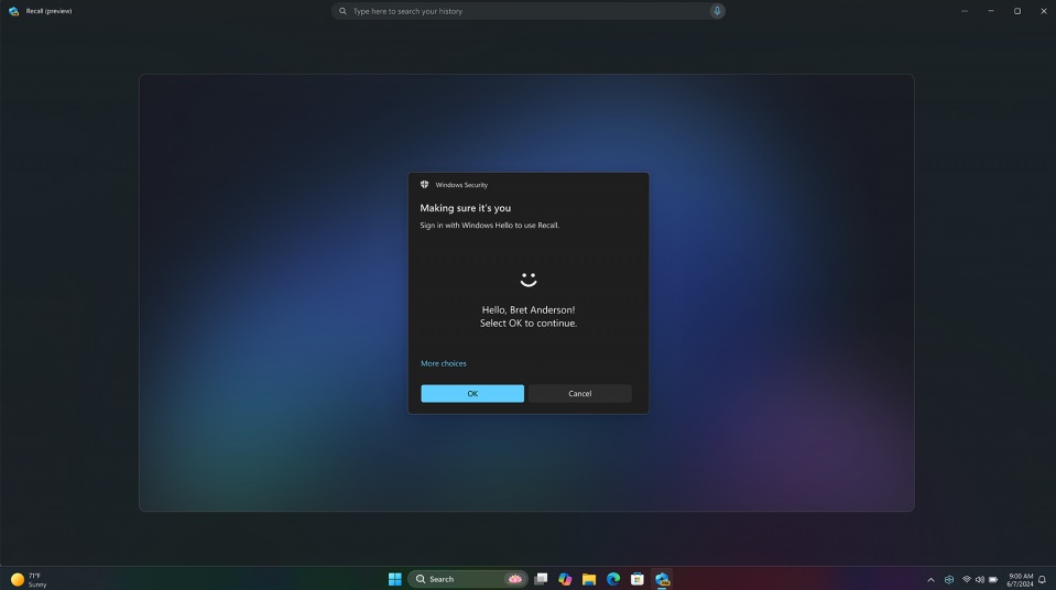 windows hello authentication needed to access recall data in windows 11