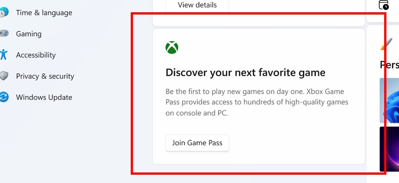 Xbox ad in Settings